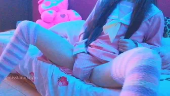 Kawaii Asian girl touching her pussy and humping pillow when parents are home loud moaning