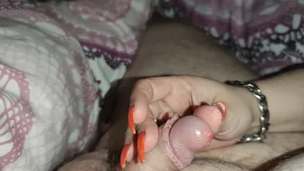 He loves it when i make his little dick cum with my orange long nails *cum runs on my long nails*