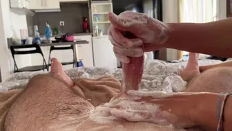 I went too far cleaning his dick, so he ends up with a huge cumshot | ASMR Handjob