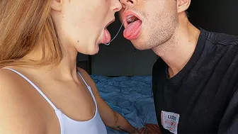 Close-up wild Tongues Slobber and Saliva Kissing with step sister. French kiss