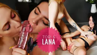 Two stepsisters fuck pussy with a big dildo and do a double blowjob