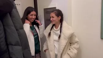 Two impudent guys met at the entrance of two modest students and fucked in all holes