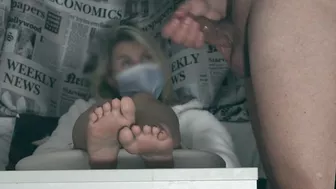 The impotent tried to jerk off limp dick on his girlfriend's feet but could not - CFNM