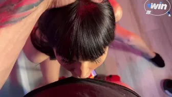 Brunette enjoys rough blowjob and gets cum in her mouth