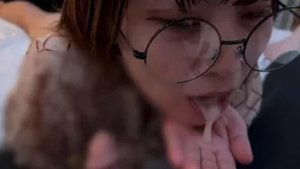 The girl in glasses gets a lot of sperm released into her mouth