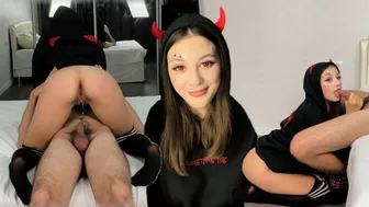 Devil Girl get Fucked on Halloween! Huge Creampie Load Inside her Tight Pussy