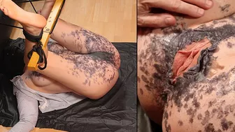 Tied sub gets tormented with hot wax over her tits and pussy before she's allowed to cum