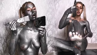 Covering myself in silver paint and playing with pussy and speculum