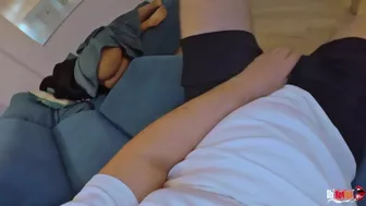 Stepmom comes on the sofa to her stepson to relax, but he starts to stick his dick in her pussy and