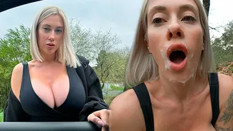 Big tits blonde hitchhiker wants me to cover her face with a big load of cum..