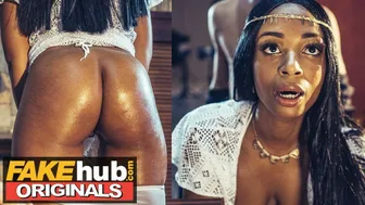 FAKEhub - Horny Ebony MILF uses her sexy lips and big tits and ass in job interview to seduce boss