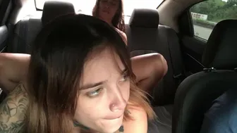 whore can't stand it and pleasures her pussy in an uber with a strap-on