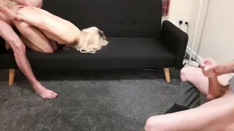 Husband watches his wife fucked by his best friend without condom. Accidental cum inside.