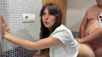 Creampie in my hairy pussy, my stepfather fills me with semen in the bathroom while his friends are in the living room