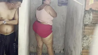 Stepmother with her stepson in the shower fucking nonstop cum on tits