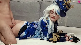 The kinky Furina from Genshin Impact prefers Aether's nutritious cum, which is supposed to end up in her shaved pussy, over the usual sweet desserts