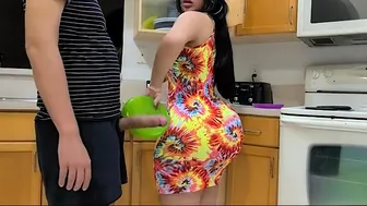 BIG ASS STEPMOM FUCKS HER STEPSON IN THE KITCHEN AFTER SEEING HIS HUGE COCK!!!