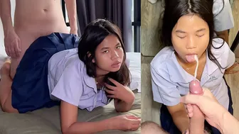 Asian schoolgirl wearing uniform fucked by her white boyfriend and take huge load on face